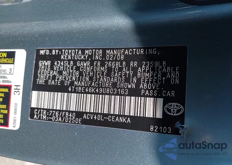 2009 Toyota Camry Le из США, поврежденный, VIN 4T1BE46K49U803163